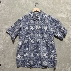 Vintage Reyn Spooner Shirt Mens XL Blue Floral Cotton Hawaii Travel Button Down